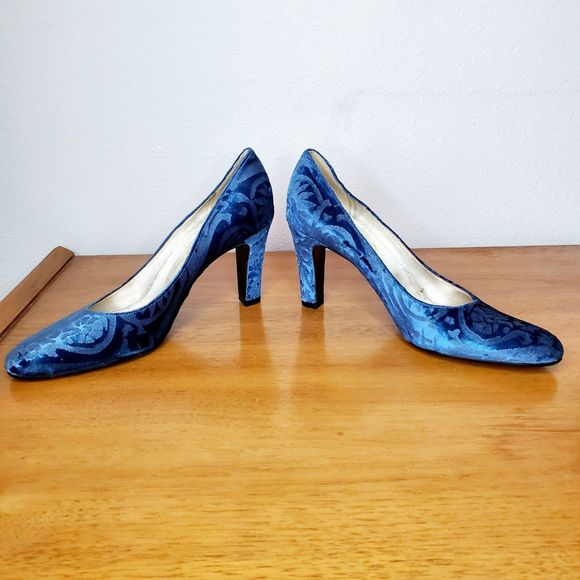 Antonia Sautter Collection Blue Velvet Damask Print Heels Shoes Handmade SZ 37 - Picture 12 of 12